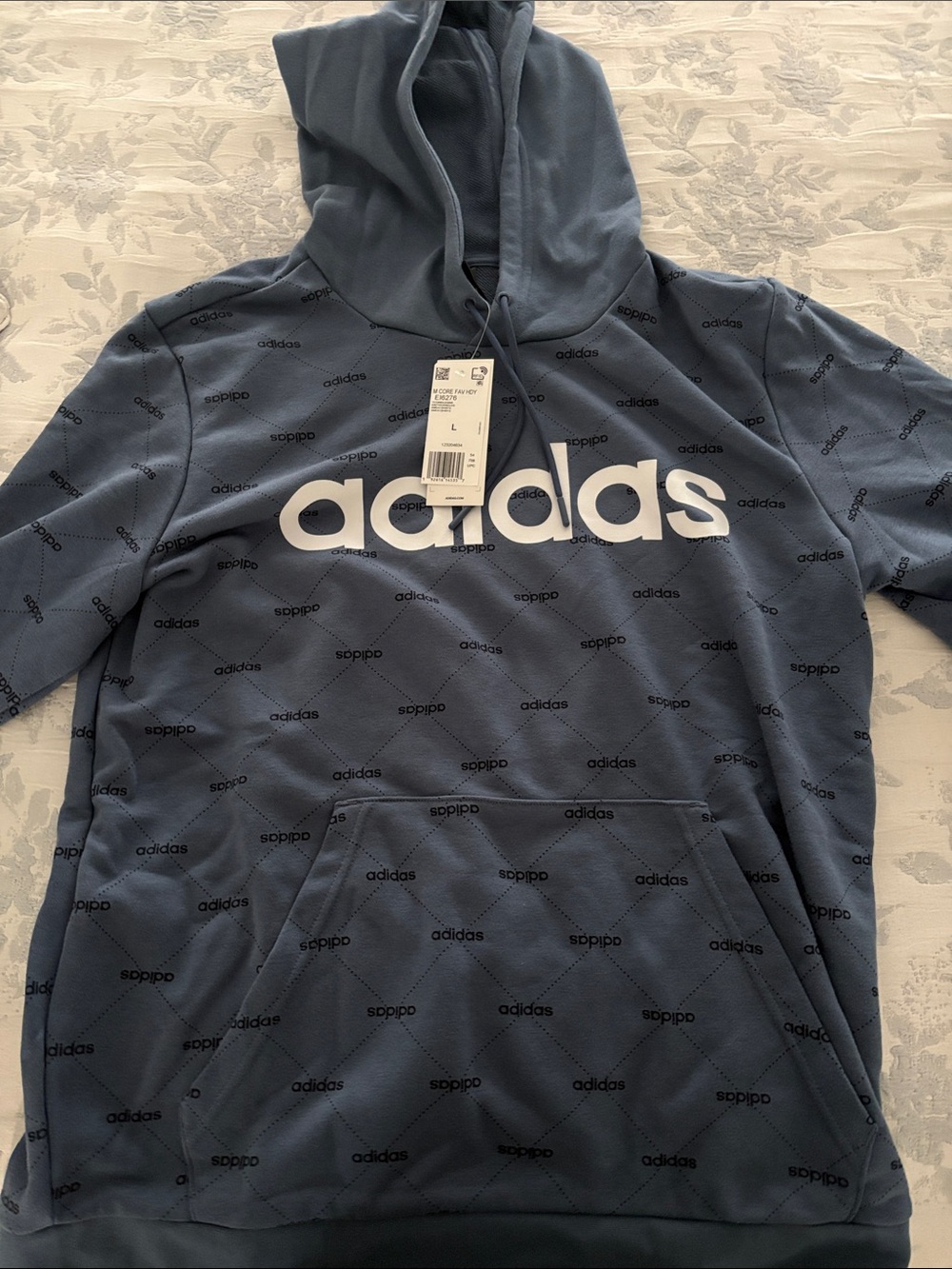 adidas Blue All-Over Logo Pullover Hoodie with White Wordmark